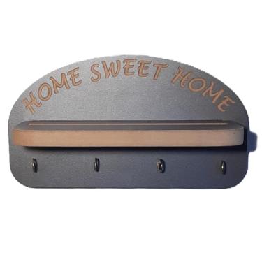 Imagem de Porta-Chaves de Parede Decorativo com Prateleira, Home Sweet Home, 4 Ganchos, Madeira Escura (Grafite)