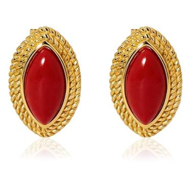 Imagem de Brincos grandes e grossos de ouro preto/vermelho para mulheres, brincos ovais vintage ônix, brincos modernos banhados a ouro 18 K, hipoalergênicos, joias leves para presente para mulheres, one size