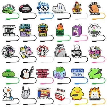 Imagem de Toppers de palha engraçados a granel 30 peças 10 mm capas de palha divertidas e fofas para Stanley copo adulto homens mulheres trabalhadores presentes lembrancinhas de festa