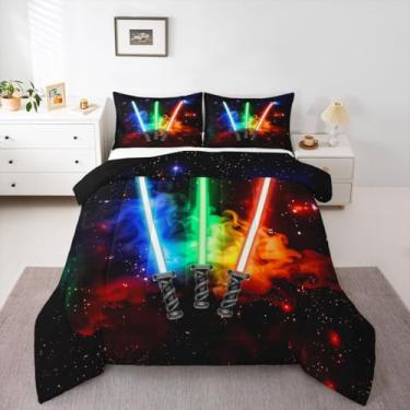 Imagem de jejeloiu Conjunto de cama solteiro com sabres de luz coloridos, espaço sideral, para meninos e meninas, galáxia, respirável, macio, leve, microfibra para decoração de quarto, com 1 fronha