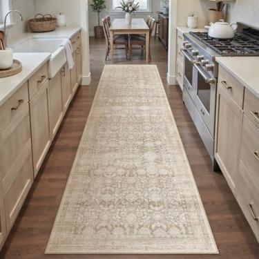 Imagem de WondRg Tapete de corredor neutro lavável 2x10 bege para sala de estar floral antiderrapante corredor baixo interior vintage tradicional resistente a manchas tapete envelhecido cozinha quarto sala de
