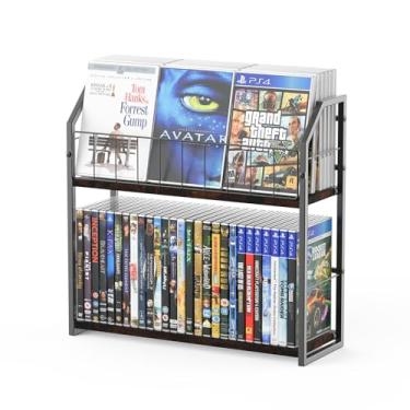 Imagem de PAPAGIFTREE Rack de armazenamento de DVD de 2 camadas, prateleira de DVD com parte superior de exibição, prateleiras de madeira com moldura de metal para DVDs, CDs, filmes e mídia, comporta até 56