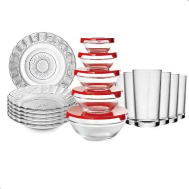 Imagem de Kit Aparelho de Jantar 17 Peças com Potes com Tampa Sortidas – Pratos, Copos e Potes de Vidro | Conjunto Completo, Moderno e Prático para Sua Mesa Posta (ESTRELA)