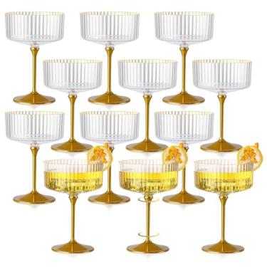 Imagem de HKSZEH 12 peças de copos de cupê com nervuras com haste dourada de plástico transparente copo de champanhe cupê de 293 ml com borda dourada destacável copo de martini expresso vintage vidro Margarita