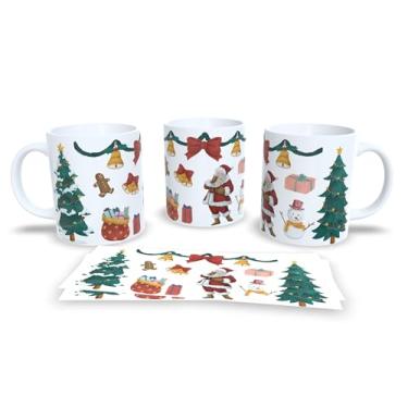 Imagem de Caneca de Cerâmica Natalina com Desenhos Decorativos, 325ml, Branca com Estampa de Enfeites em Verde, Vermelho e Azul, Conjunto com 4 Peças (6)