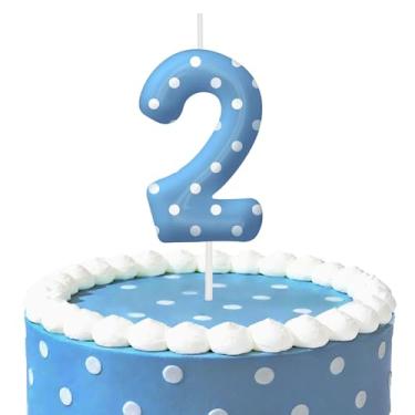 Imagem de Velas de aniversário de bolinhas azuis para bolo, velas número 2, decorações de aniversário, artigos de festa, topo de bolo de bolinhas para decoração de festa temática para meninos e meninas (número