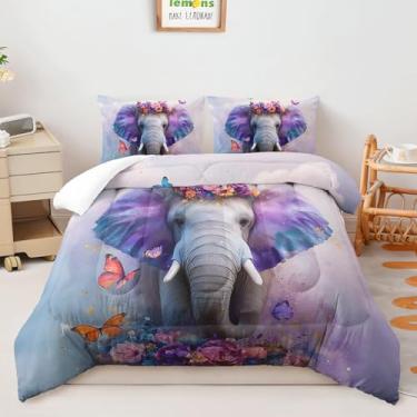 Imagem de AILONEN Conjunto de cama casal de elefante 3D para crianças e adolescentes, edredom floral roxo com 2 fronhas, conjunto de colcha de 3 peças de animais safári africano para todas as estações