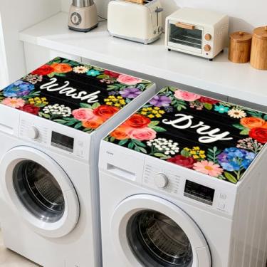 Imagem de GLOBLELAND 2 peças de capa protetora para máquina de lavar e secar com flores coloridas 60 × 23 cm, protetor superior de máquina de lavar com texto preto, antiderrapante, capas superiores de máquina