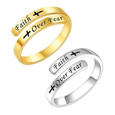Imagem de Faith Over Fear Cross Anéis inspiradores para mulheres, filha, cristã, abençoada, amor, encorajamento, anéis, ajustável, aberto, minúsculo, pureza, envoltório de polegar, cruz, joias, formatura