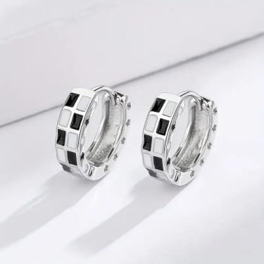 Imagem de Brincos de argola xadrez banhados a ouro 14 K, branco, preto, esmaltado, para mulheres, acessórios hipoalergênicos, leves e hipoalergênicos, joias de ouro/prata, presentes para mulheres, one size