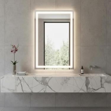 Imagem de Espelho Jateado Retangular Com Led 3 Cores 70x90cm Lapidado e Touch - 