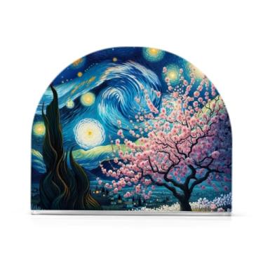 Imagem de Porta-guardanapos de flor de amendoeira de noite estrelada, porta-guardanapos de acrílico para mesas, suporte de guardanapo vertical para jantar cozinha restaurante decoração de casa acessórios de bar