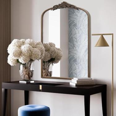 Imagem de Micasso Espelho de bronze ornamentado tradicional: espelho antigo barroco francês de 91 cm x 61 cm - espelhos arqueados vintage decorativos para parede/banheiro/entrada/corredor - decoração de casa