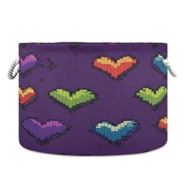 Imagem de Wassud Cesta de armazenamento de corações pixelados arco-íris com alças cesto de lavanderia redondo caixas de armazenamento de lona cobertor de armazenamento para berçário 50,8 cm x 50,8 cm x 35,5 cm
