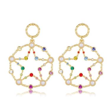 Imagem de Brincos de estrela dourada de luxo com pedras preciosas de cristal colorido com detalhes de pérola, joia moderna para mulheres, 1 par/lote
