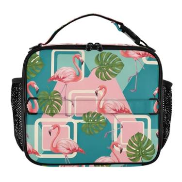 Imagem de Joisal Lancheira geométrica tropical rosa flamingos para mulheres, meninas, lancheira masculina e infantil, lancheira para trabalho, bolsa térmica para alimentos portátil para adultos