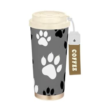 Imagem de Caneca de viagem de café 40 ml com canudo e tampa, caneca de café de aço inoxidável à prova de vazamento para escritório, escola, festa, acampamento, estampa de pata de cachorro preto e branco