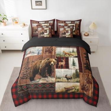 Imagem de Feelyou Conjunto de edredom de urso de cabana com lençol de 7 peças, cama de veado rústico, casa de fazenda, campo, boho, decoração de quarto boêmio, de madeira xadrez, microfibra macia