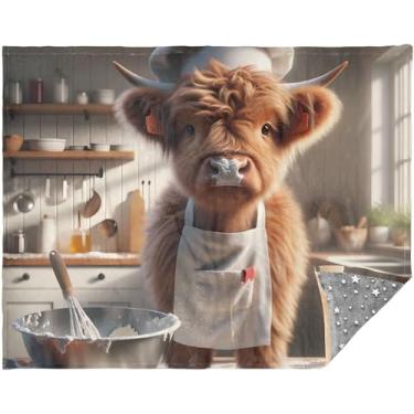 Imagem de Cobertores macios engraçados de vaca Highland Cow Chef para sofá de inverno para sofás 177,8 cm x 139,7 cm cobertores fofos cinza