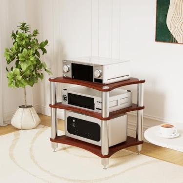 Imagem de SHZYJBRY Suporte de mídia AV de 3 camadas, prateleiras e suportes estéreo, gabinete de componente de vídeo, torre de áudio para DVD Player, console de jogos, caixa de TV, roteador WiFi (madeira escura
