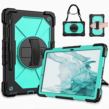 Imagem de Capa para Galaxy Tab S7 FE 5G / Tab S8 Plus 2022, capa protetora resistente com suporte giratório 360 com alça de mão/ombro para Samsung Tab S8 Plus/S7+/S7 FE 12,4 polegadas - preto + menta