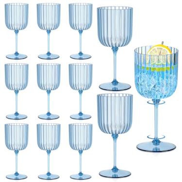 Imagem de 12 peças de taças de vinho com nervuras de plástico 325 ml cálice de vinho destacável azul inquebrável vintage ondulado copos de água para coquetéis, festas, casamentos, piscina, ao ar livre