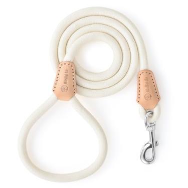 Imagem de Mile High Life Coleira para cães, coleira de corda com conexão de couro genuíno e fecho de metal resistente, ótima para cães pequenos, médios e grandes (branco creme, 121 cm)