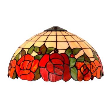 Imagem de Cúpula de reposição estilo Tiffany de 16 polegadas com tampa, cúpula de vitral com rosa vermelha mediterrânea (somente a cúpula) para luminárias de chão, de mesa e pendentes.