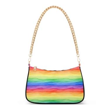 Imagem de Bolsa de ombro feminina com corrente de arco-íris listrada, bolsa colorida com grande capacidade, bolsa Hobo moderna para uso diário e festa