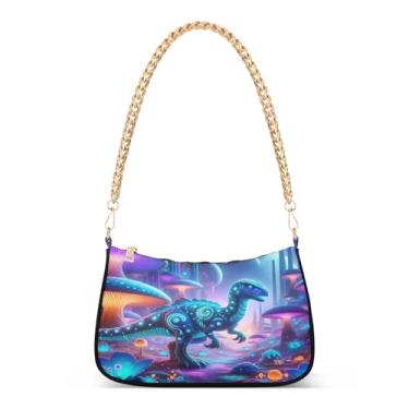 Imagem de Bolsa de ombro de corrente roxa de dinossauro cogumelo fantasia, bolsa feminina com estampa artística, bolsa clutch Hobo moderna para uso diário e noturno