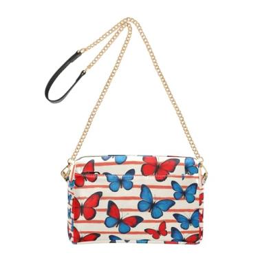 Imagem de Joitme Bolsa feminina tiracolo bolsa para celular linda alça de corrente de couro PU bolsa de ombro vermelha azul borboletas listras