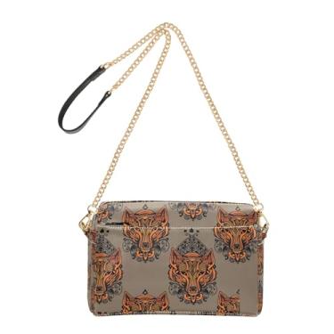 Imagem de Joitme Bolsa feminina tiracolo laranja cabeça de lobo marrom bolsa de couro PU bolsa de ombro com alça de corrente