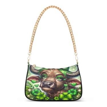 Imagem de Bolsa de ombro com corrente de trevo de vaca Highland verde com desenho animado Hobo para uso diário, festa e noite