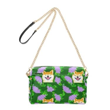 Imagem de Joitme Cute Dogs Bolsa tiracolo verde flores lilás para mulheres bolsa de ombro de couro PU com alça de corrente bolsa para celular