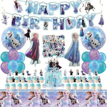 Imagem de 102 peças para configuração de festa temática Frozen, decorações fáceis de montar, incluindo topos de bolo DIY infantis e conjuntos de pano de fundo, perfeitos para festas de aniversário infantis.