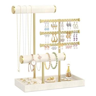 Imagem de EsLuker.ly Suporte de pulseira para exibição de brinco, suporte organizador de colar de veludo em T Bar com bandeja de anel para vendedores mulheres, mesa de árvore de torre de joias de grande