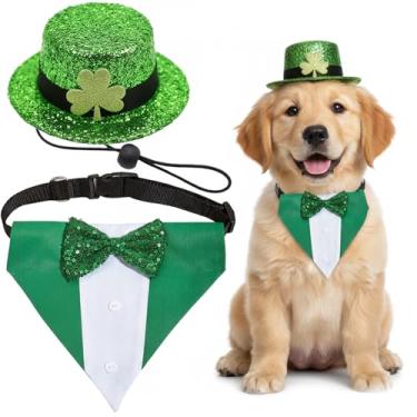 Imagem de Conjunto de 2 peças de fantasia de cachorro do dia de São Patrício, roupas de duende, chapéu, gravata borboleta verde, smoking, coleira para festa de São Patrício, para festa de São Patrício