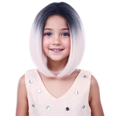 Imagem de PATTNIUM Peruca bob loira ombré para crianças, meninas, preto a loiro, peruca infantil platinada, bob, peruca sintética para festa de Halloween, cosplay