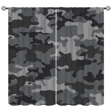 Imagem de Cortina camuflada, cinza e preto, camuflagem, padrão abstrato, tratamentos de janela, cortinas com isolamento térmico, 2 conjuntos de painéis para quarto, sala de estar, 107 cm L x 114 cm C 【decoração
