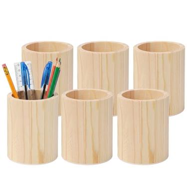 Imagem de Marsrut 6 porta-canetas de madeira redondo inacabado, porta-lápis de madeira de 10 cm para mesa e artesanato DIY, 8 x 8 x 10 cm