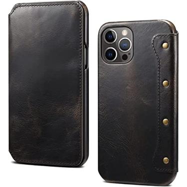 Imagem de BKUANE Capa carteira para iPhone 13 Pro, capa de telefone flip de couro genuíno feito à mão com porta-cartão forro de fibra macia capa fólio para iPhone 13 Pro (Cor: Preto)