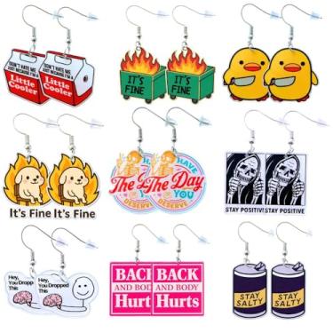Imagem de Pacote de brincos engraçados com 9 peças, joias, divertidas, fofas, estranhas, exclusivas, novidades, kawaii, engraçado, maluco, excêntrico, excêntrico, peculiar, sarcástico, meme, pato lixeira, fogo