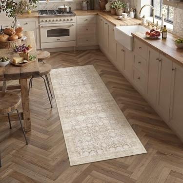 Imagem de WondRg Tapete de corredor neutro lavável 2x5 bege para sala de estar floral antiderrapante corredor baixo interior vintage tradicional resistente a manchas tapete envelhecido cozinha quarto sala de
