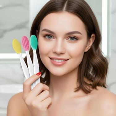 Imagem de Conjunto de 3 pincéis de limpeza facial de silicone, aplicador, esfoliante, portátil, para cuidados com a pele (amarelo, rosa, verde)