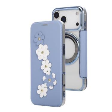 Imagem de Genérico Capa magnética para iPhone 17/17 Air/17 Pro/17 Pro MAX, capa fina transparente de couro com relevo floral, capa com tampa galvanizada (azul, 17 Pro)