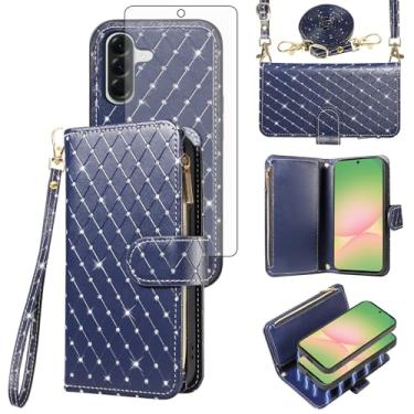 Imagem de Asuwish Capa de celular para Samsung Galaxy A56 5G carteira com zíper destacável capa de celular magnética com protetor de tela alça transversal alça com glitter compartimentos para cartão A 56 56A