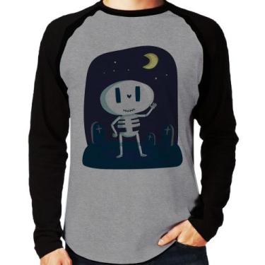 Imagem de Camiseta Raglan Esqueleto Manga Longa - Foca na Moda, Cinza, Preto, GG