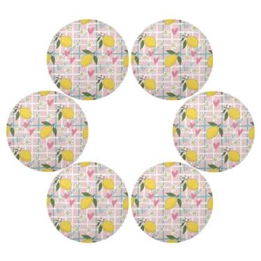 Imagem de Wassud Jogo americano conjunto de 6 tapetes de mesa xadrez com corações de limões para cozinha e jantar tapetes laváveis resistentes ao calor para decoração de mesa 39 cm