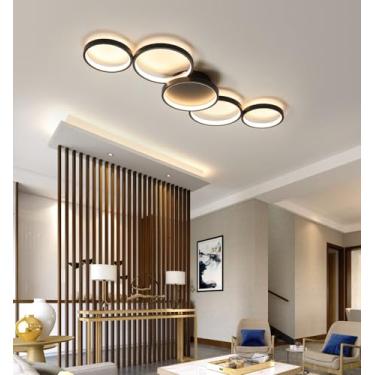 Imagem de Luminária de teto LED redonda, moderna e regulável, com 5 anéis, para sala de estar e quarto, com controle remoto, iluminação inteligente para ambientes internos e embutida no teto (preta).