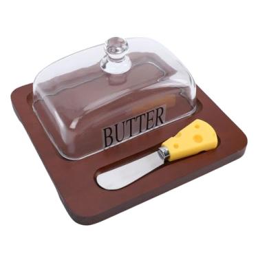 Imagem de Zopsc Prato de Manteiga de Madeira Com Ferramenta de Corte de Tampa de Vidro Transparente, Tampa Hermética de Vidro Mantém a Manteiga Macia, para Bancada e Geladeira, Recipiente Fácil de (Castanho